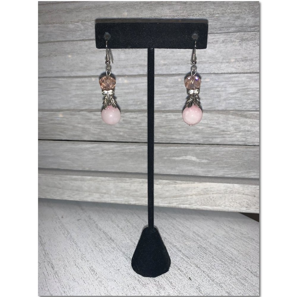 Silver Pink Quartz & Pink Crystal Drop Dangle Earrings EUC